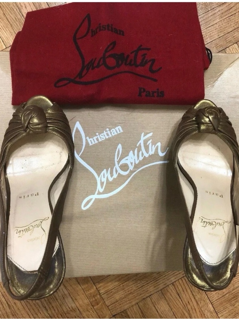Louboutin Gold bronze knot Jenny 150 Slingback Peep Toe Platform Pumps 36.5 Lady